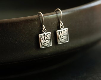 Tiny Fern Earrings in Sterling Silver - Small Detailed Botanical branch and rectangle drops. Dainty everyday jewelry. Great teacher gift.