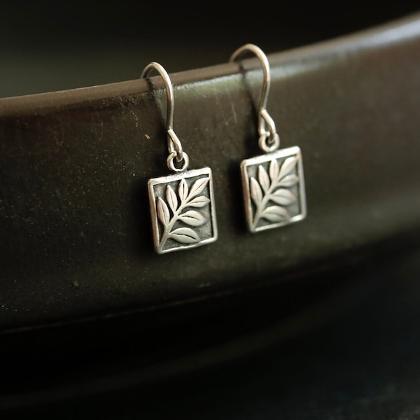 Tiny Fern Earrings in Sterling Silver - Small Detailed Botanical branch and rectangle drops. Dainty everyday jewelry. Great teacher gift.