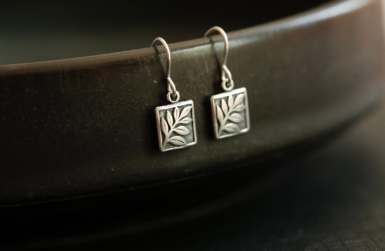 Tiny Fern Earrings in Sterling Silver Small Detailed Botanical branch and rectangle drops. Dainty everyday jewelry. Great teacher gift. image 1