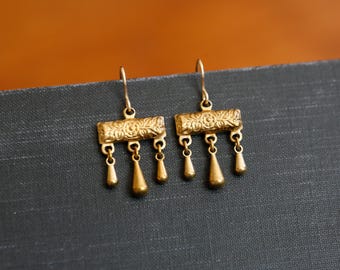 Ancient Grecian Earrings.  14K Gold Filled and Brass Earrings. Greek or Roman vintage chandelier earrings. Reproduction jewelry.
