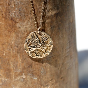 Gold Coin Necklace. Rustic Gold Griffin Coin Necklace in Bronze and 14K Gold Filled. Gold Medallion Necklace. Replica of Ancient Greek Coin. image 5
