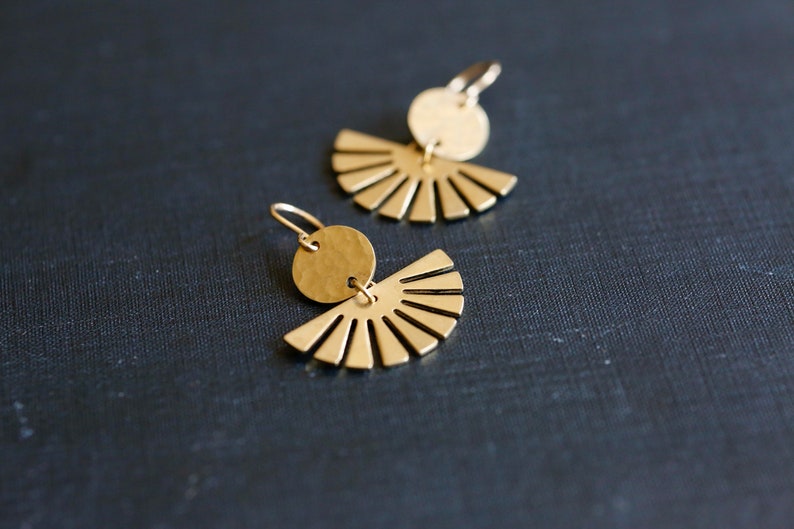 Sun Goddess Earrings. 14K Gold Filled and Brass Shapes. Classic Art Deco earrings. Gold circle and sun rays. Gold boho earrings. image 5