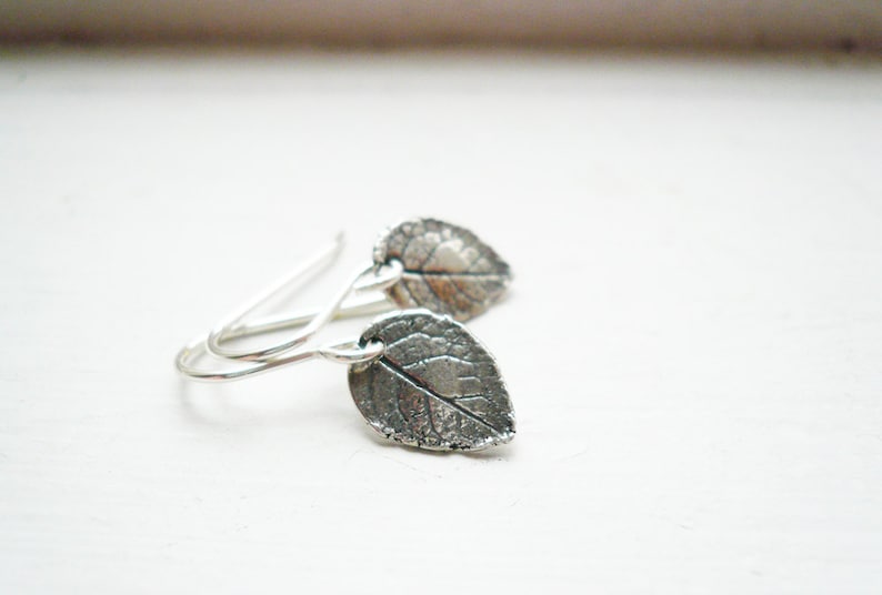 Silver Leaf Earrings in Sterling Silver Tiny Rustic Leaf Earings, Sterling Silver Rose Leaf Earrings, Small Silver Leaf Earrings image 5