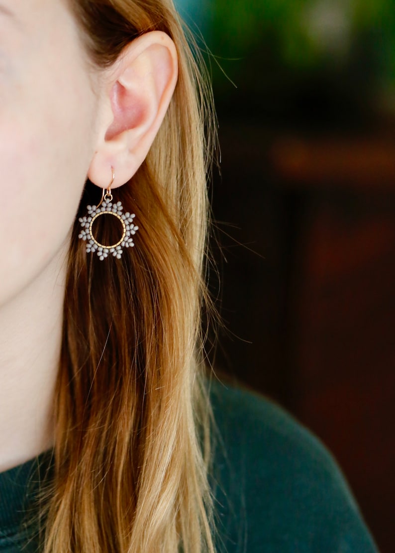 Soft gray sun burst Earrings. Handwoven beaded earrings with 14K gold fill ear wires. Modern beadwork earrings, neutral bead hoop earrings. image 4