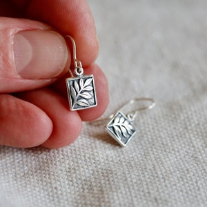 Tiny Fern Earrings in Sterling Silver Small Detailed Botanical branch and rectangle drops. Dainty everyday jewelry. Great teacher gift. image 5