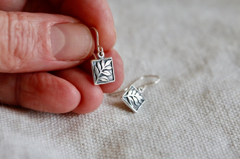 Tiny Fern Earrings in Sterling Silver Small Detailed Botanical branch and rectangle drops. Dainty everyday jewelry. Great teacher gift. image 5