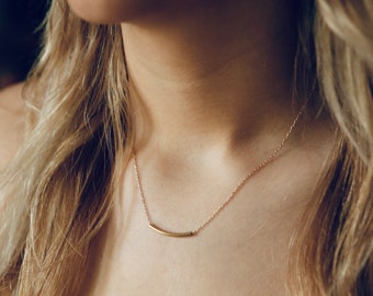 Golden curve necklace. 14K gold filled bar tube bead necklace. Minimalist jewelry. Gold line necklace. Curved bar necklace. Sweet gift.