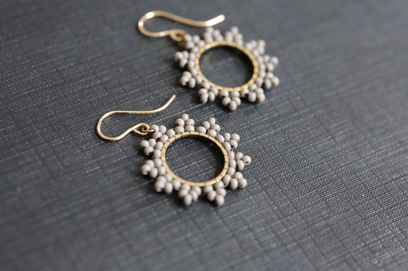 Soft gray sun burst Earrings. Handwoven beaded earrings with 14K gold fill ear wires. Modern beadwork earrings, neutral bead hoop earrings. image 9