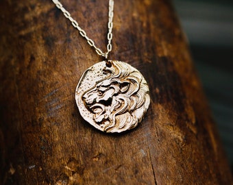 Ancient Lion Gold Coin Necklace. Leo Zodiac jewelry in Bronze and 14K Gold Filled. Ancient Coin Necklace Replica, Greek Gold Coin Necklace