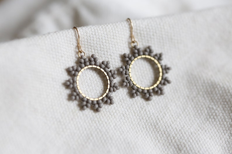 Soft gray sun burst Earrings. Handwoven beaded earrings with 14K gold fill ear wires. Modern beadwork earrings, neutral bead hoop earrings. image 7