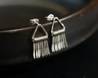 Silver Triangle Fringe Earrings. Handmade sterling silver modern chandelier earrings. Statement earrings. Classic fringe earrings.