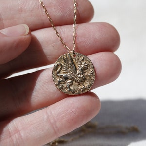Gold Coin Necklace. Rustic Gold Griffin Coin Necklace in Bronze and 14K Gold Filled. Gold Medallion Necklace. Replica of Ancient Greek Coin. image 8