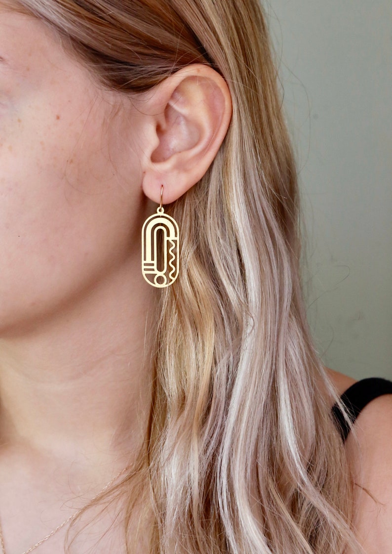 Unique gold earrings. Large geometric brass shapes with 14K gold filled ear wires. Modern earrings. Artsy earrings. Statement earrings. image 1