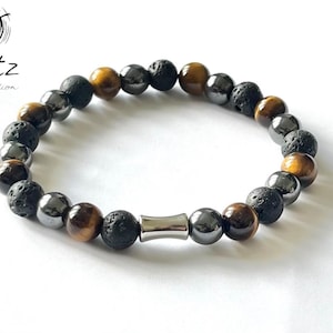 Elastic bracelet for men made of natural stone (8 mm) Hematite, Tiger&#39;s Eye and Lava Stone.