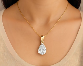 14K Yellow Gold Pear Cut Lab Diamond Necklace Teardrop Solitaire Pendant Gift for Her