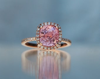 Pink Peach Sapphire Engagement Ring Rose Gold Diamond Cushion 5.17ct sapphire ring Eidelprecious