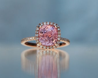5ct Natural Pink Sapphire Engagement Ring. Diamond Halo Engagement Ring. Rose Gold Square Cushion Pink sapphire ring by Eidelprecious