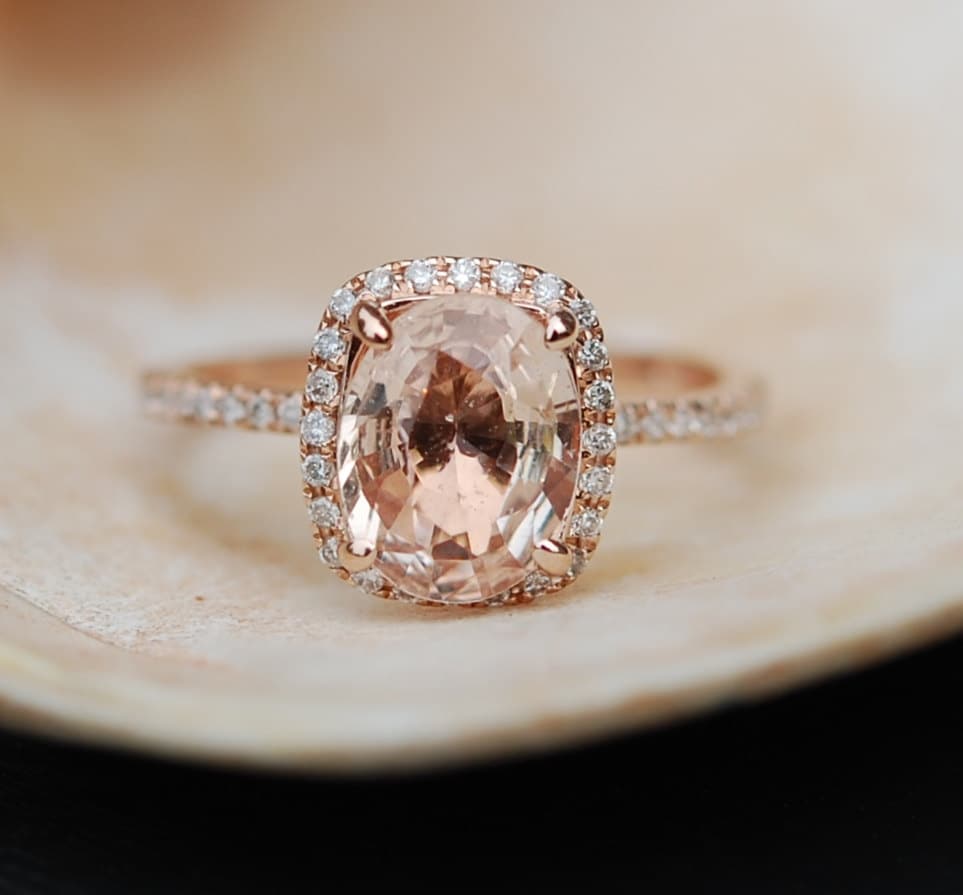 Peach Sapphire Ring Rose Gold Engagement Ring 3.5ct cushion 14k rose ...