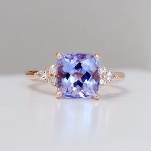 Cushion Lavender Tanzanite Engagement Ring: Rose Gold Diamond Bridal Set