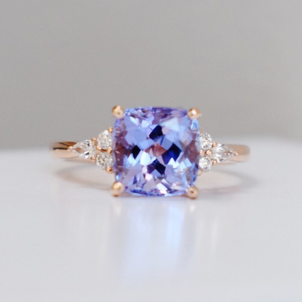 Square Cushion Tanzanite ring. Engagement ring and bridal set. Lavender Engagement Ring and wedding bands Campari by Eidelprecious.