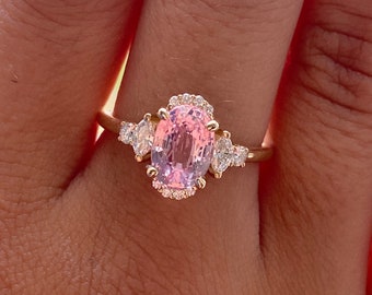 Pink Sapphire Engagement Ring Romantic Oval sapphire gold diamond ring Elegant engagement ring Vintage style Diamond Halo Ring