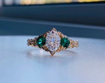 Arwen- 2 Emerald Elvish Engagement Ring Gold Lab Diamond Engagement Ring Whimsical Fantasy Ring Fairytale Ring