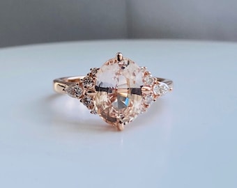 Peach Champagne Sapphire Ring. Sapphire and Diamond engagement Ring. 14k rose gold engagement ring by Eidelprecious