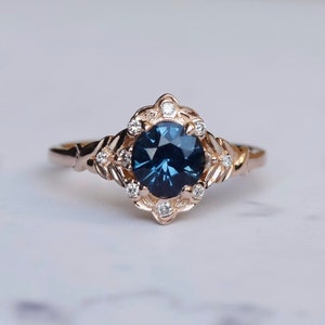 Vintage inspired Blue Sapphire Engagement Ring Round Sapphire Ring 14k Rose Gold, Multi Stone Ring Unique Sapphire Ring Elegant Vintage Ring image 8