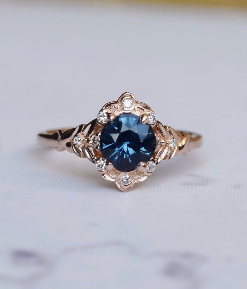 Vintage inspired Blue Sapphire Engagement Ring Round Sapphire Ring 14k Rose Gold, Multi Stone Ring Unique Sapphire Ring Elegant Vintage Ring image 8