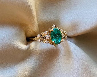 Greta Real Emerald Engagement Ring: 14k Gold Diamond Fantasy Ring