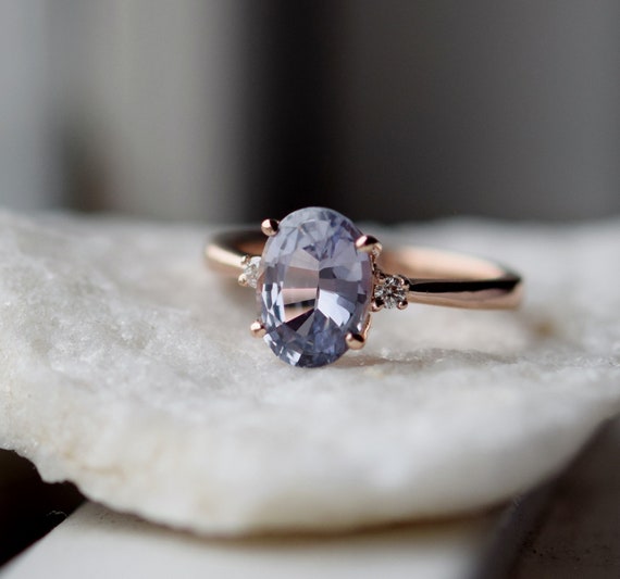Blue Grey Sapphire Engagement Ring: Rose Gold 3-Stone Diamond Ring