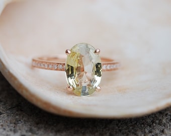 Jasmine sapphire oval Rose gold engagement ring. Light Jasmine yellow green sapphire ring. Natural sapphire diamond elegant engagement ring.