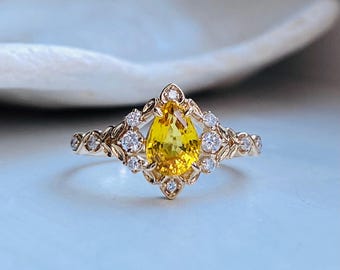Eowen Fantasy Inspired Lemon Sapphire Diamond Engagement Ring in 14k gold. Unique Elvish engagement ring for romantic bride
