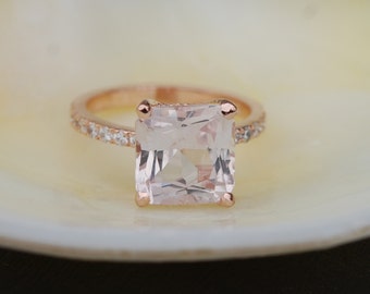 Radiant cut cushion ring Peach Sapphire Engagement Ring square 14k rose gold diamond ring 3.8ct sapphire ring