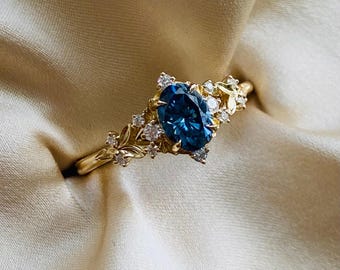 Cornflower Blue Sapphire Engagement Ring: Rose Gold Floral Diamond Ring