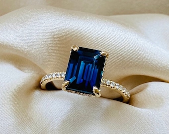 Peacock sapphire ring emerald cut. Hidden halo, 4.5ct emerald cut blue green sapphire and diamond ring, 14k Rose gold ring by Eidelprecious.
