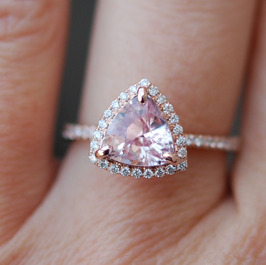 1.08ct Trillion engagement ring. Peach champagne sapphire 14k rose gold ...