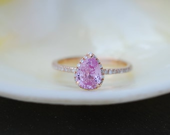 Pear Engagement Ring Raspberry Peach Sapphire Engagement Ring 14k Rose Gold 1.25ct, Pear Peach Sapphire Ring. Engagement ring Eidelprecious