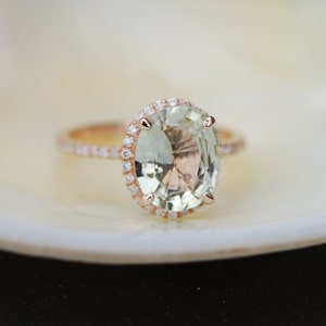 Sparkling Jasmine Green sapphire ring. 2ct oval sapphire ring. 14k rose gold engagement ring by Eidelprecious