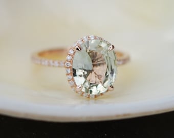 Sparkling Jasmine Green sapphire ring. 2ct oval sapphire ring. 14k rose gold engagement ring by Eidelprecious