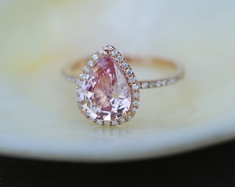 Engagement Ring Peach champagne Sapphire Engagement Ring 14k Rose Gold 1.43ct, Pear Peach. Sapphire Ring. Engagement ring