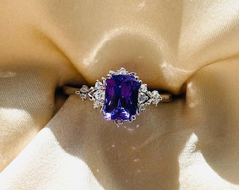 Dela Deep Purple Sapphire Diamond Unique Engagement Ring. Elven white gold ring. Fantasy inspired moissanite engagement ring. Fairytale Ring