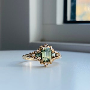 Arwen Light Green Sapphire Engagement Ring: Emerald Cut 14k Yellow Gold Diamond Ring
