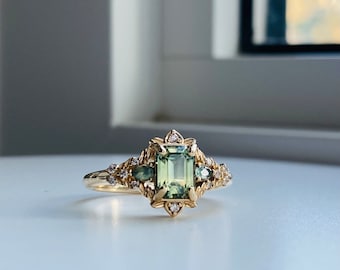 Arwen Light green sapphire engagement ring emerald cut. Fantasy ring. 14k yellow Gold engagement ring. Parti  sapphire and diamond ring.