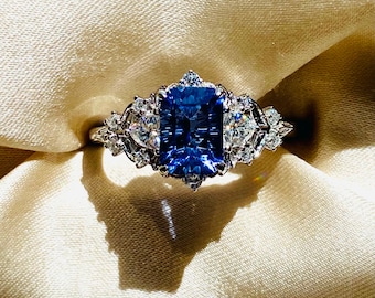 Greta2 Blue Sapphire and Diamonds Engagement Ring, 14k White Gold fantasy ring.