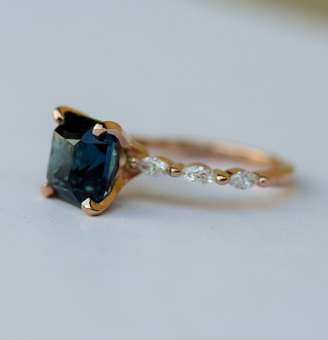Radiant Blue Sapphire Engagement Ring. Peacock Blue Sapphire | Etsy