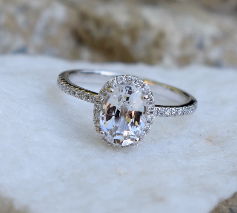 Oval white sapphire ring. 1.6ct White sapphire engagement ring. White gold sapphire engagement ring. Halo engagement ring by Eidelprecious image 4