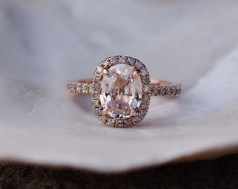 Ice champagne sapphire ring 14k rose gold diamond ring engagement ring 2.15ct Cushion ice peach sapphire. Engagement ring by Eidelprecious