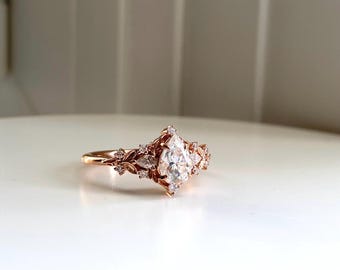 Greta Lab Diamond Elvish Engagement Rose Ring Gold. Unique Fantasy moissanite ring. Fairy Tale engagement ring 14k rose gold ring