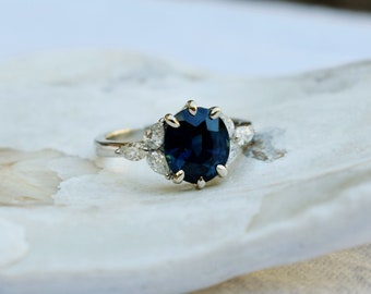 Navy blue Sapphire engagement ring. White gold engagement ring. Blue sapphire ring. Oval Sapphire ring by Eidelprecious